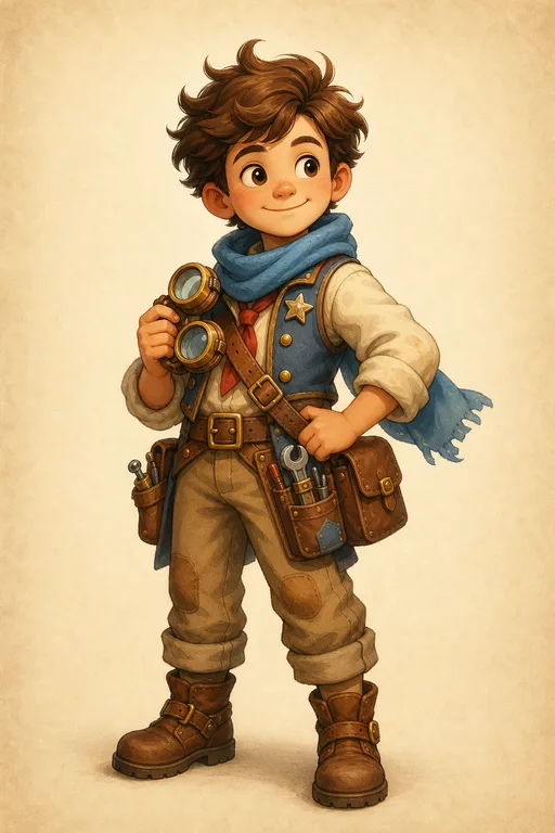 Generated hero character: brave kid inventor in a warm storybook animation style