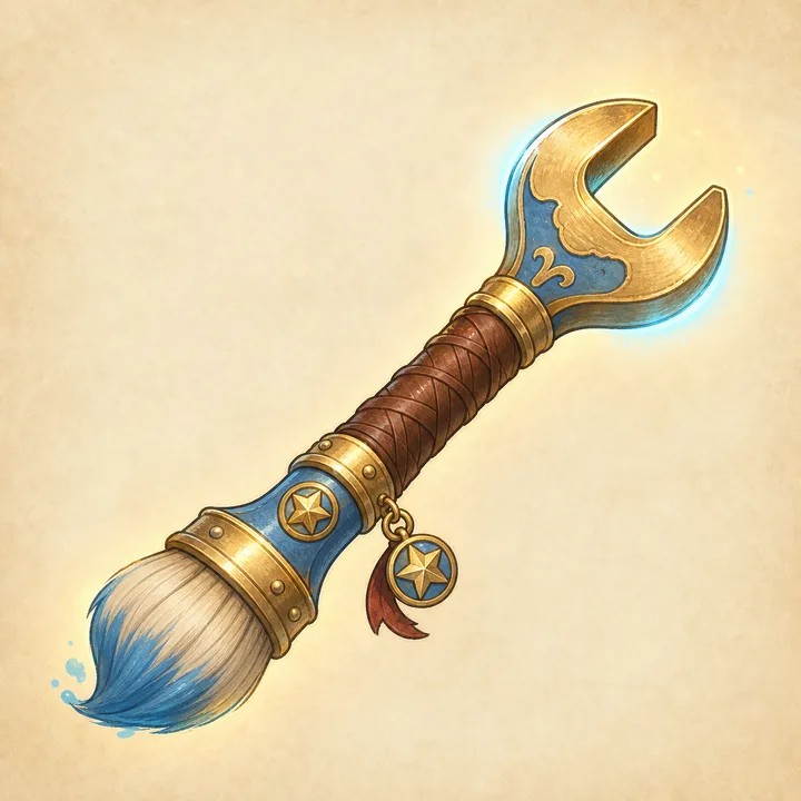 Generated magic tool: oversized paintbrush-wrench with gold and blue highlights