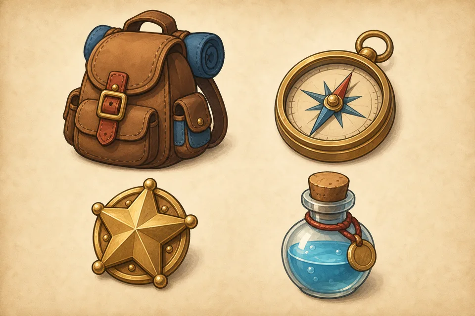 Generated prop set: backpack, compass, star badge, and potion bottle in one shared style