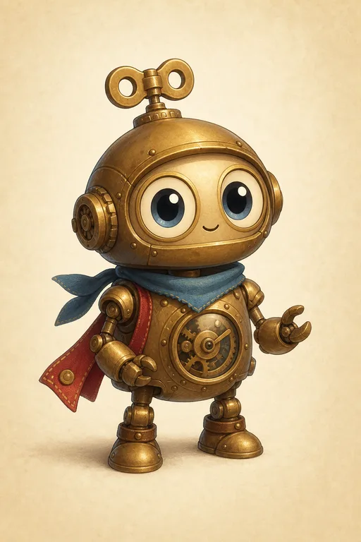 Generated sidekick character: tiny clockwork helper with matching palette and eye shape