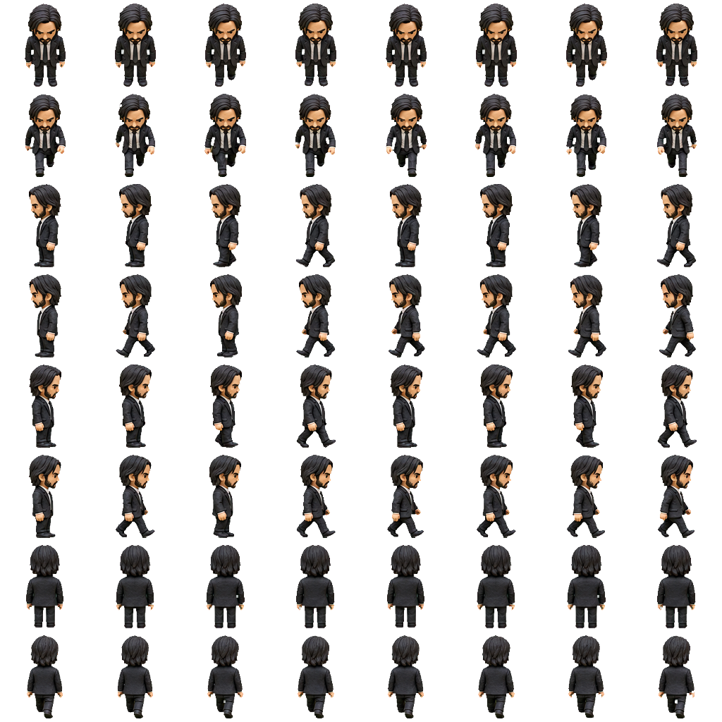 Alpha-keyed realistic clay assassin sprite sheet with transparent background