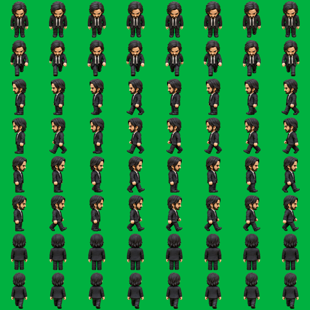 Original generated realistic clay assassin sprite sheet on chroma green background